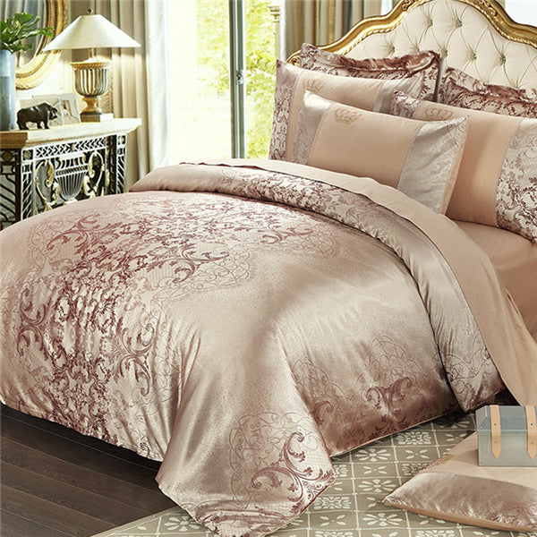 2017New Luxury Embroidery Tencel Satin Silk Jacquard Bedding Sets golden pink red bedsheet Cotton Queen Kingsize 4pcs cover gift